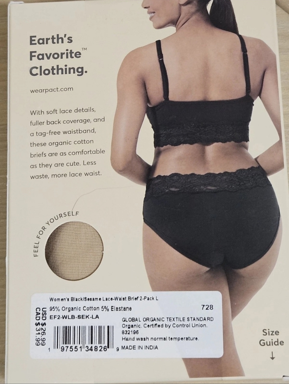 2 Pack Pact Women's Organic Cotton Lace Waist Brief LARGE Black/Pedal Patch NIB - Picture 2 of 5